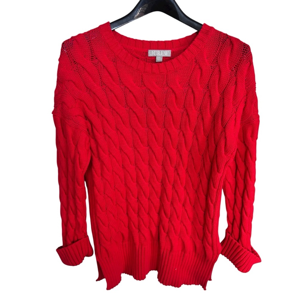 J. Crew Red Cotton Blend Cable Knit Side Slit Crew Neck Sweater S/M